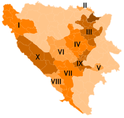 Map showing cantons or counties of the Federation of Bosnia and Herzegovina.