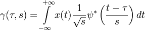 \gamma(\tau, s) =
  \int\limits_{-\infty}^{+\infty} x(t) \frac{1}{\sqrt{s}} \psi^{*} \left( \frac{t - \tau}{s} \right) dt
