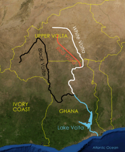 Белая Вольта отмечена белым цветом. (Верхняя Вольта именуется в настоящее время Буркина-Фасо.