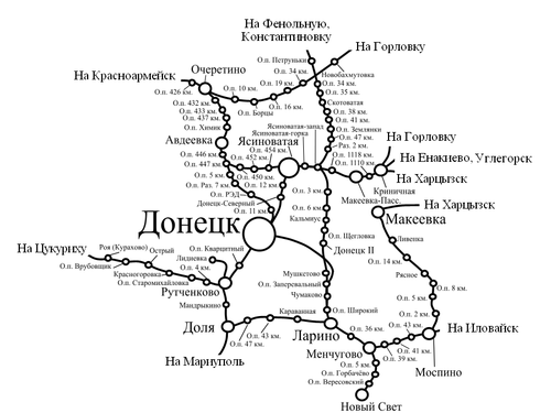 Карта ЖД в области станции Донецк