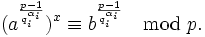 (a^{\frac{p-1}{ q_i^{\alpha_i}}})^x\equiv b^{\frac{p-1}{q_i^{\alpha_i}}}\mod{p}.